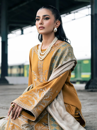 IZEL- DHANAK EMBROIDERED SHIRT WITH COUTRAI PRINT SHAWL - zab1241