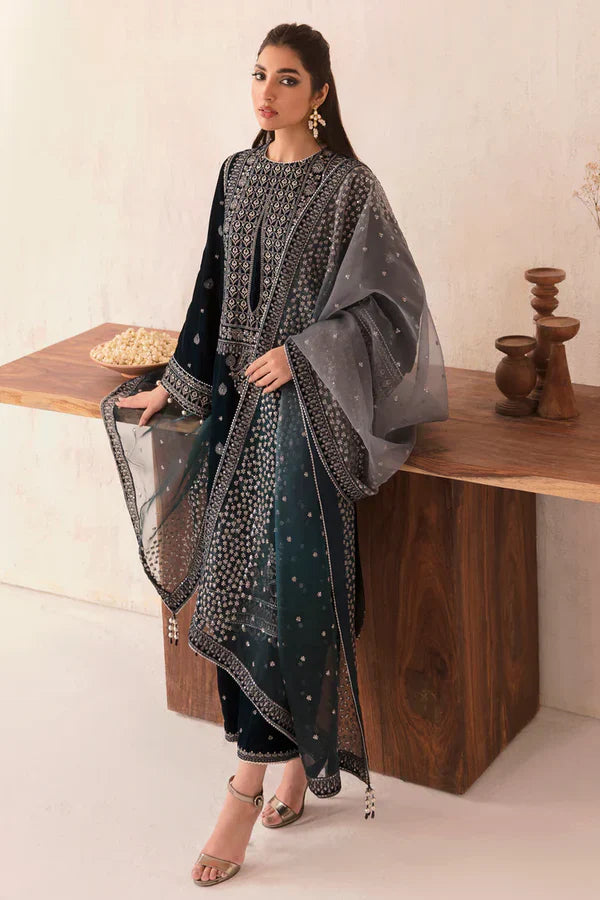 zab962 Winter Unstitched 3PCs Velvet Embroidered Dress With Embroidered Organza Dupatta