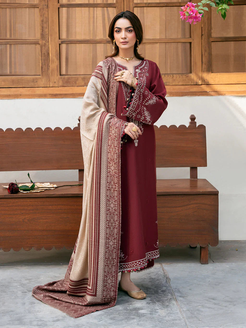 IZEL-3PC DHANAK EMBROIDERED SHIRT WITH COURTRAI PRINT SHAWL - zab1273