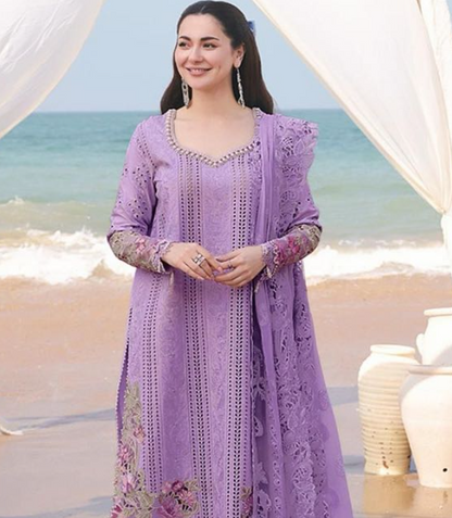 Qalamkar - 3PC Lawn Chikenkari Embroidered Shirt - zab1034