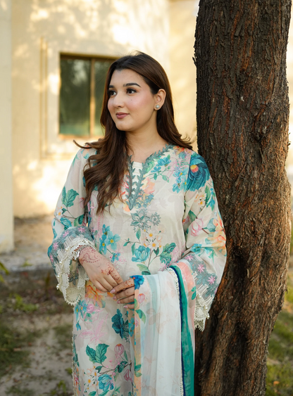 Aneela -Summer 3PC Lawn Digital Printed + embroidered Suit - zab1439