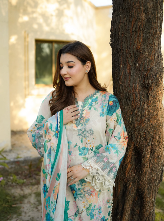 Aneela -Summer 3PC Lawn Digital Printed + embroidered Suit - zab1439