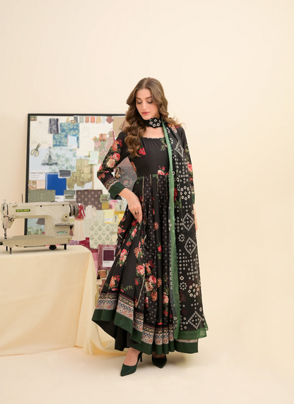 FAIZA SAQLAIN lawn Frock 3 PCS UNSTITCHED PRINTED SUIT - zab1475