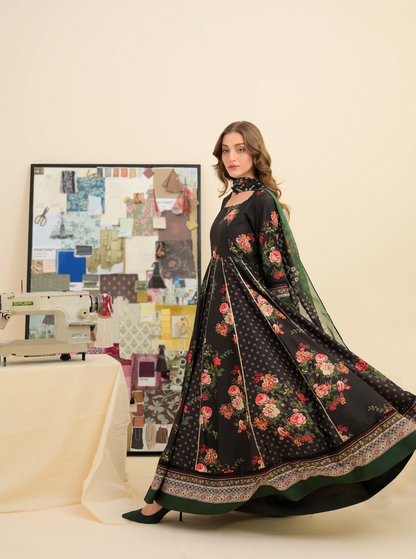 FAIZA SAQLAIN lawn Frock 3 PCS UNSTITCHED PRINTED SUIT - zab1475