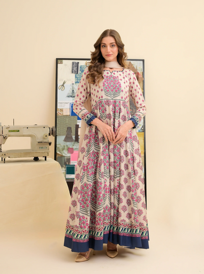 FAIZA SAQLAIN lawn Frock 3 PCS UNSTITCHED PRINTED SUIT - zab1476