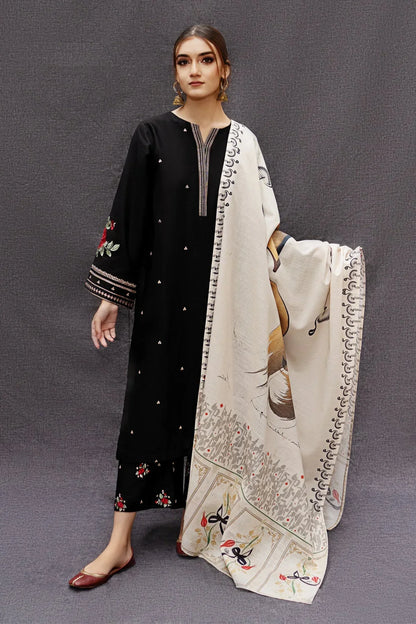 DHANAK 3PC EMBROIDERED SHIRT WITH DIGITAL PRINTED WOOL SHAWL- zab1127