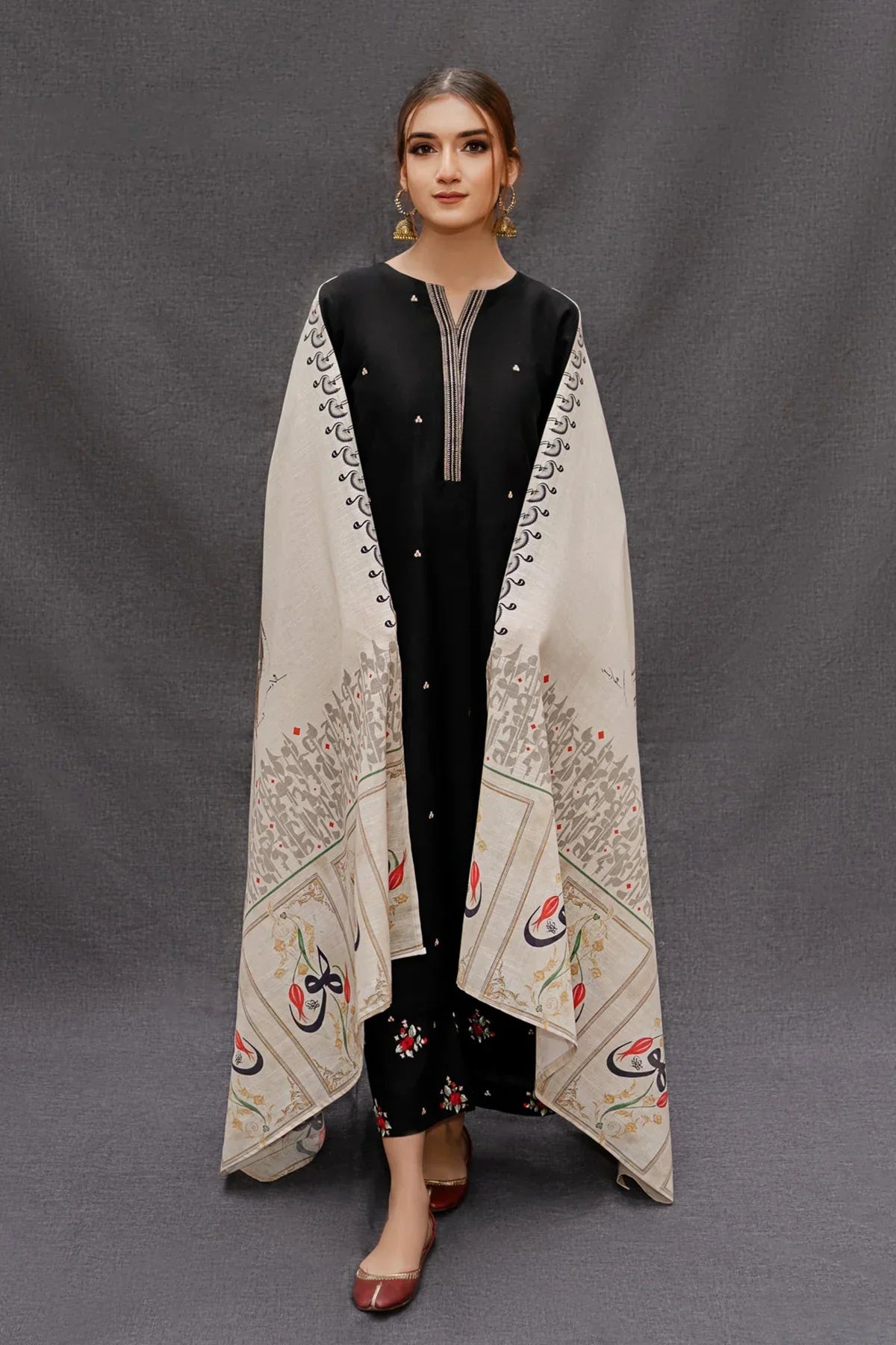 DHANAK 3PC EMBROIDERED SHIRT WITH DIGITAL PRINTED WOOL SHAWL- zab1127