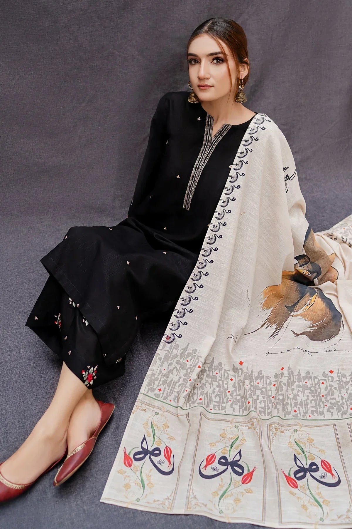 DHANAK 3PC EMBROIDERED SHIRT WITH DIGITAL PRINTED WOOL SHAWL- zab1127