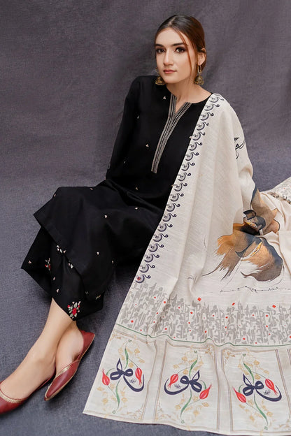 DHANAK 3PC EMBROIDERED SHIRT WITH DIGITAL PRINTED WOOL SHAWL- zab1127