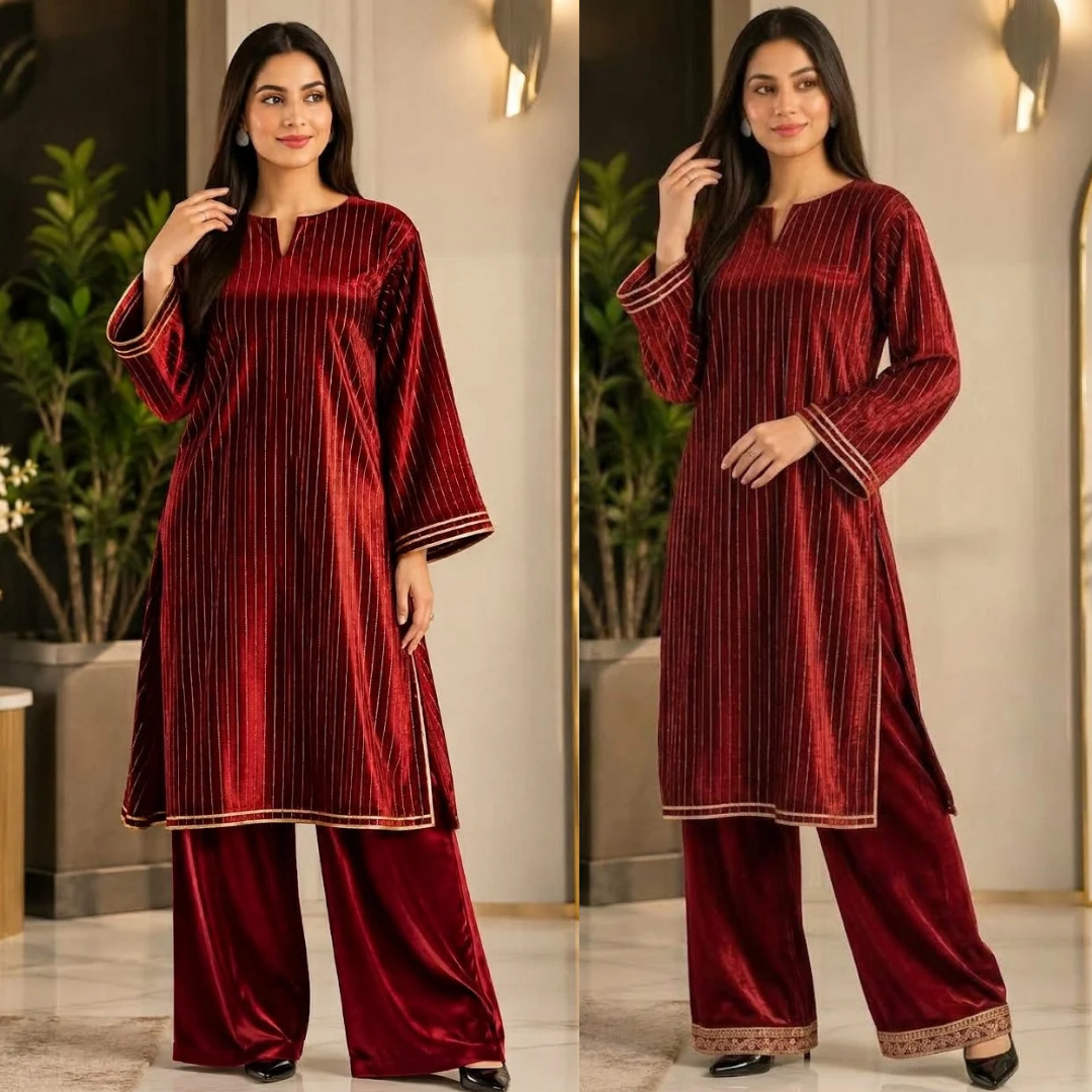 SwagiWear - 2PC Velvet chamki lining Velvet Suit - zab1561