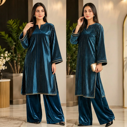 ZAB - 2PC Velvet chamki lining Velvet Suit - zab1563