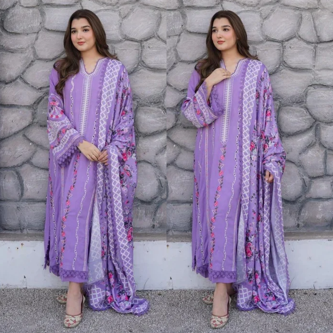 Saira Rizwan - 3PC Dhanak Chikankari Embroidered Shirt Pashmina Printed Dupatta - zab1565