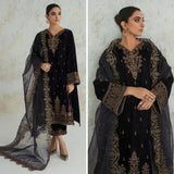 3PCs Velvet Dress With Embroidered Organza Dupatta - zab966