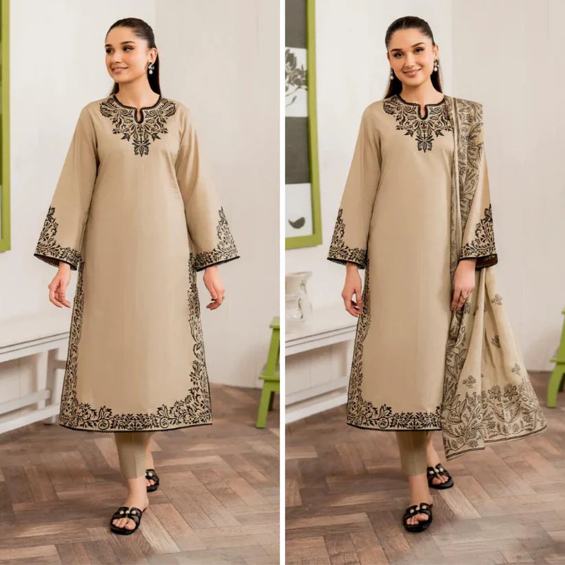 zab832 Winter Unstitched 3PCs Embroidered Dress With Printed Dhanak Shawl