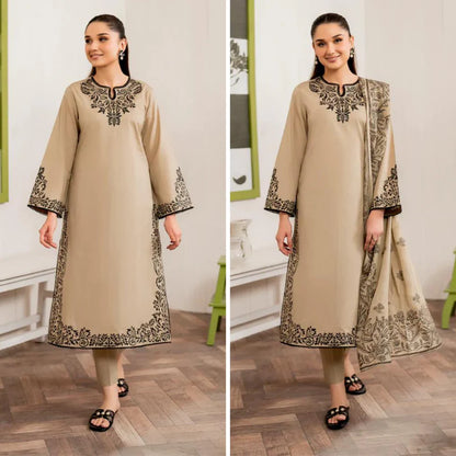 zab832 Winter Unstitched 3PCs Embroidered Dress With Printed Dhanak Shawl