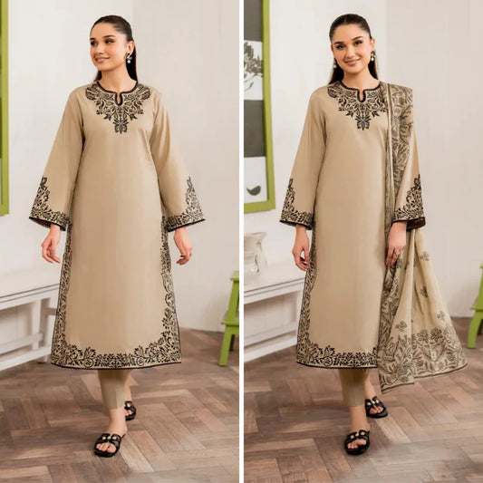 zab832 Winter Unstitched 3PCs Embroidered Dress With Printed Dhanak Shawl