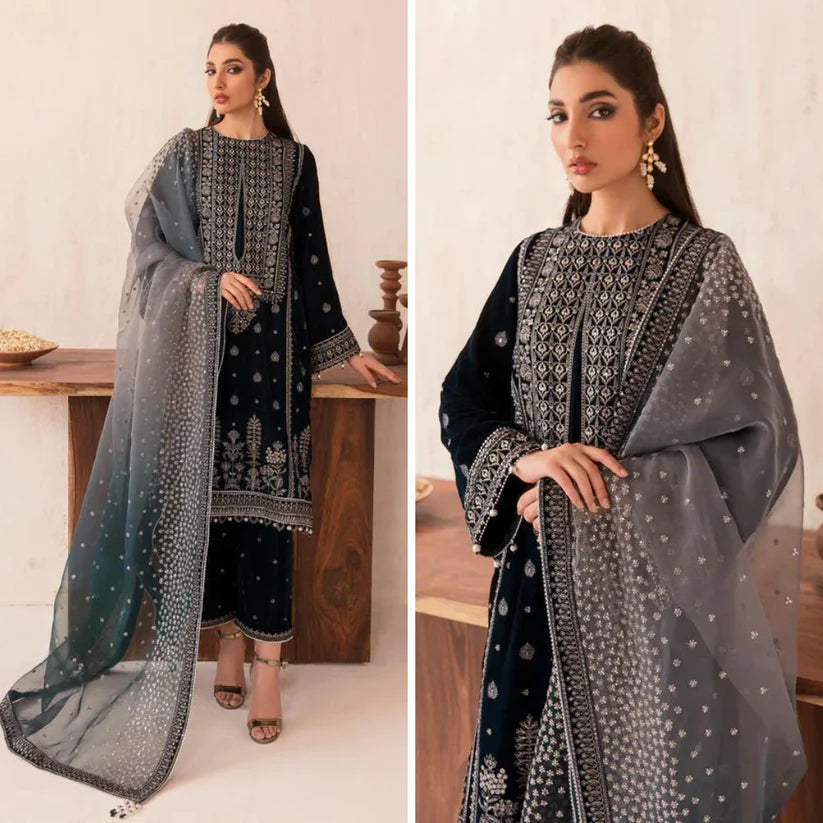 zab962 Winter Unstitched 3PCs Velvet Embroidered Dress With Embroidered Organza Dupatta