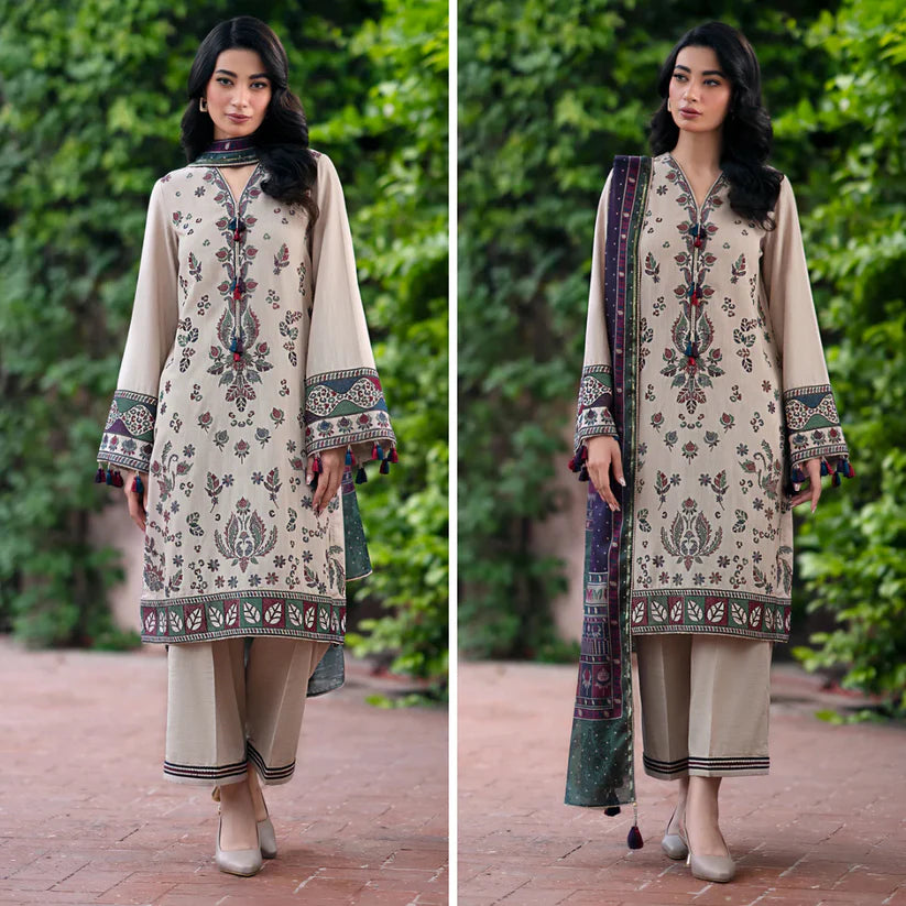 zab855 WINTER 3PC Dhanak Embroidered suit with Printed Shawl