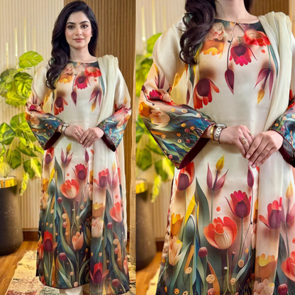 Maria b 3PCS UNSTITCHED SUIT FABRIC Digtal printed Silk - zab1487