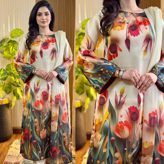 Maria b 3PCS UNSTITCHED SUIT FABRIC Digtal printed Silk - zab1487