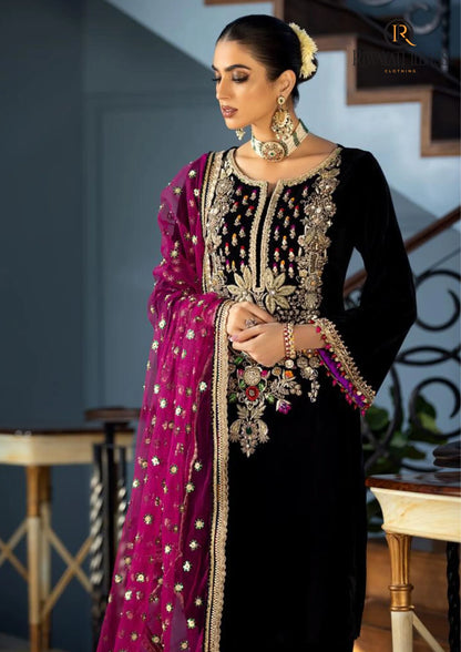 zab964 Winter Unstitched 3PCs Velvet Dress With Embroidered Organza Dupatta