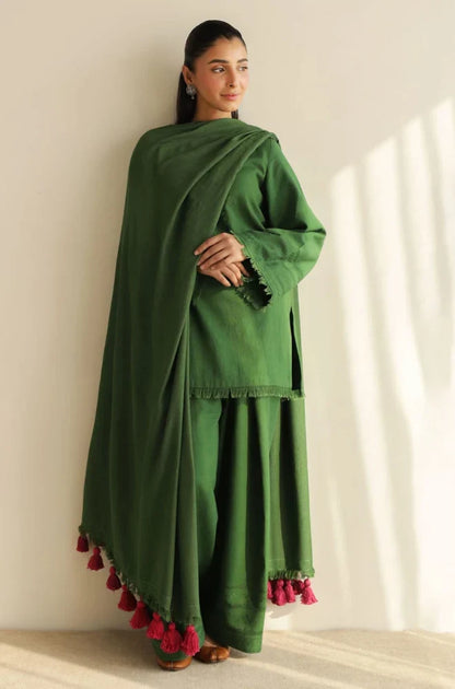 Premium Emerald Green 3-Piece Unstitched Suit with MaTching Shawl - zab1518