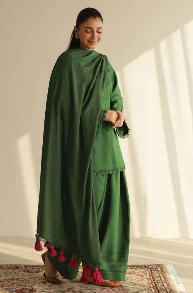Premium Emerald Green 3-Piece Unstitched Suit with MaTching Shawl - zab1518