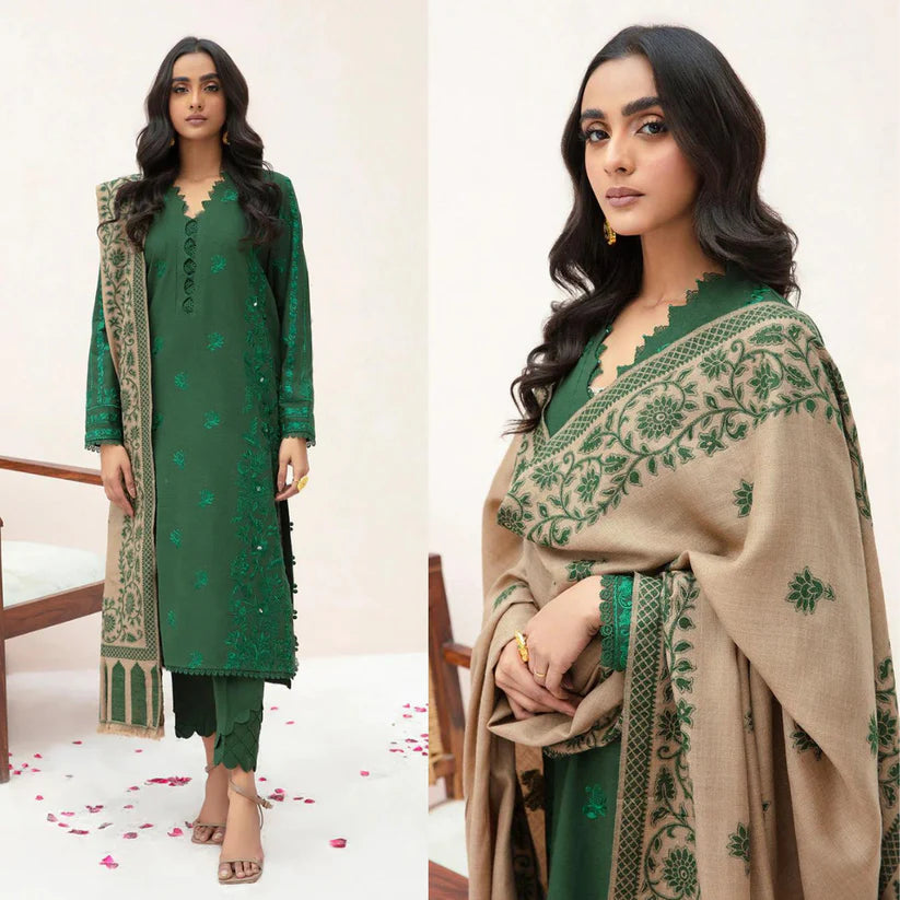 zab823 3PC Winter Dhannak Embroidered suit with Printed Shawll