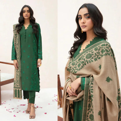 zab823 3PC Winter Dhannak Embroidered suit with Printed Shawll