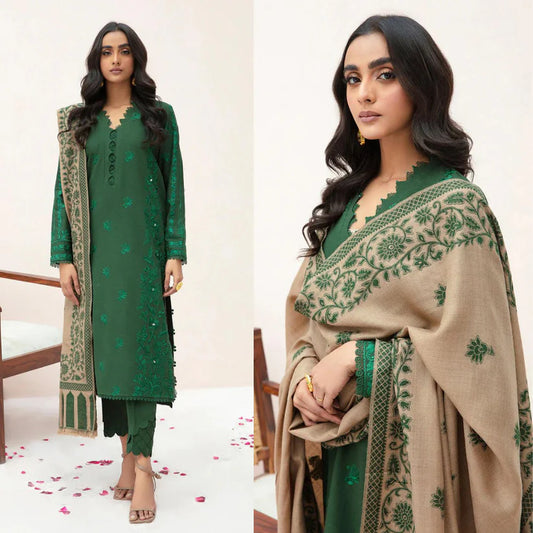 zab823 3PC Winter Dhannak Embroidered suit with Printed Shawll