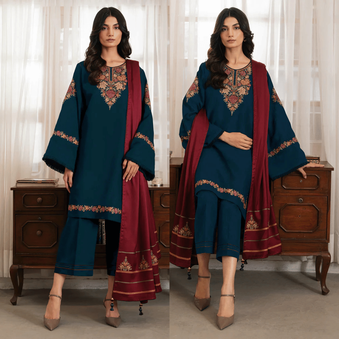 3PC Dhanak suit with Embroidered Shawl - zab1112