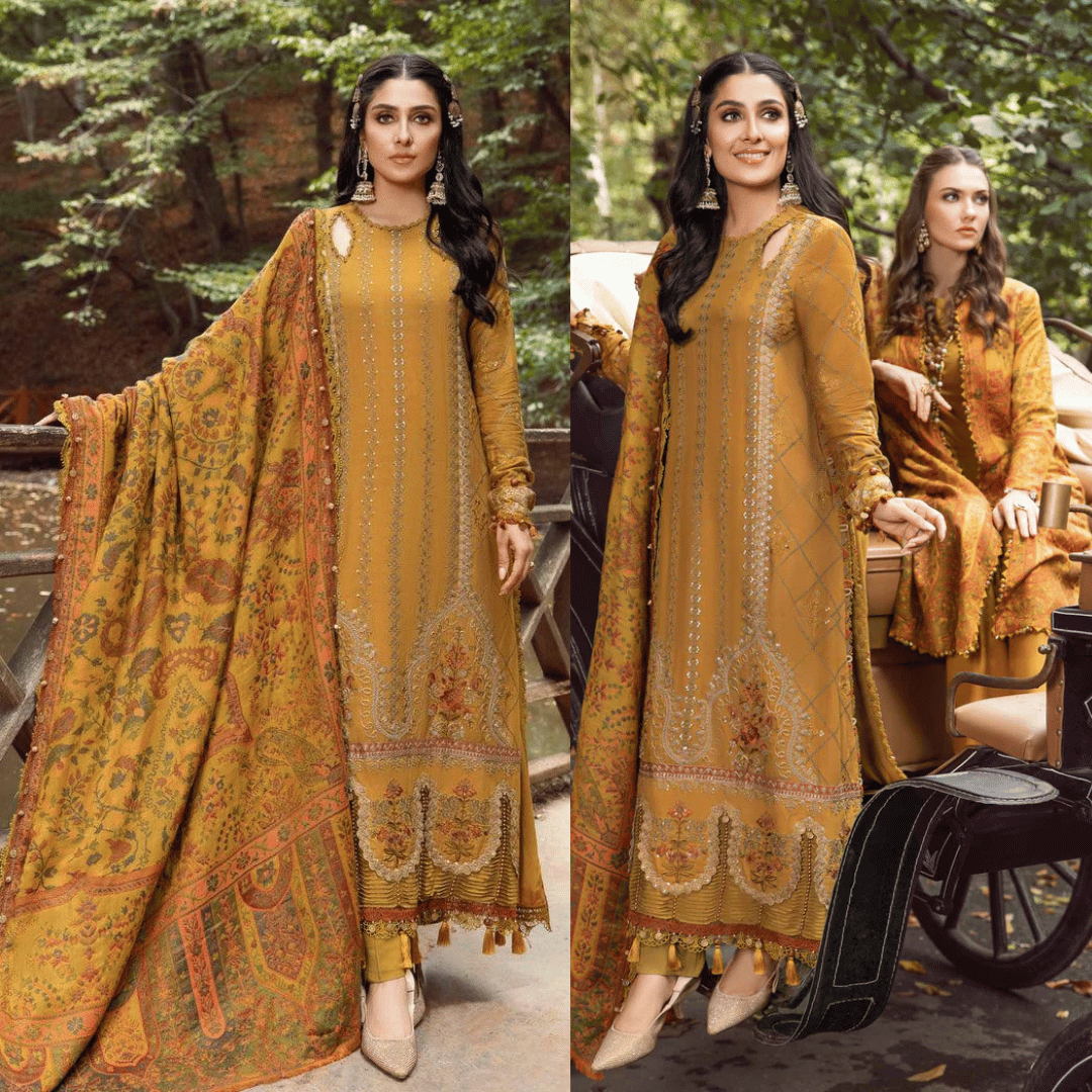 MARIA B 3PC Embroidered Dhanak with Digital Printed Wool Shawl - zab1113