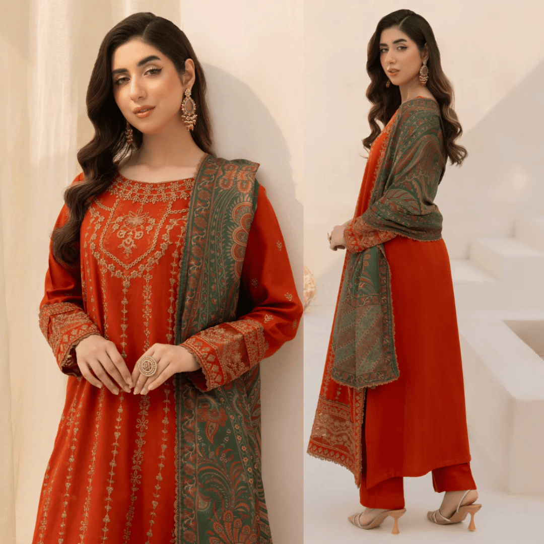 Mohagni - Winter 3PC Dhanak Embroidered Suit - zab1133