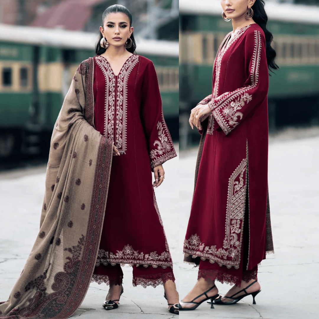 Embroidered 3pc Dhanak dress with Print shawl - zab1142