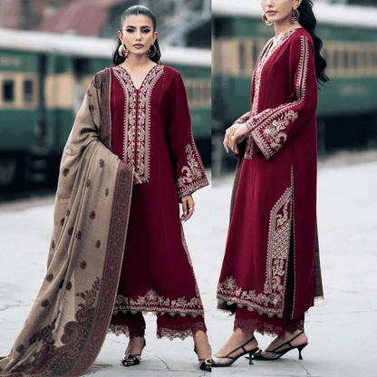 Embroidered 3pc Dhanak dress with Print shawl - zab1142