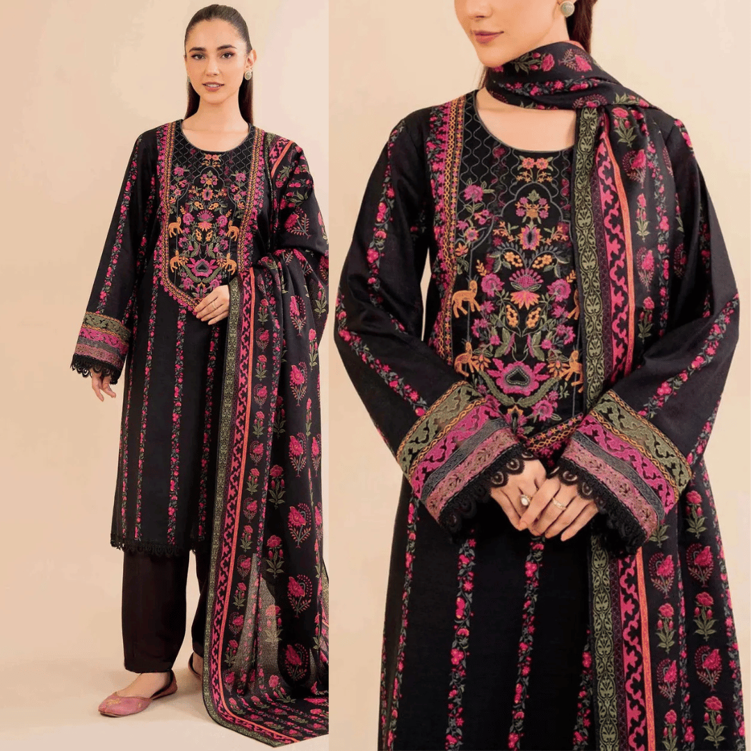 Khaddar 3 Piece Embroidered Dress - zab1145