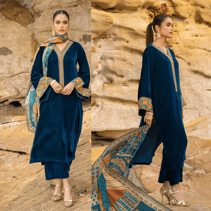 Zainab Chottani - Velvet Dress with Print Karandi shawl - zab950