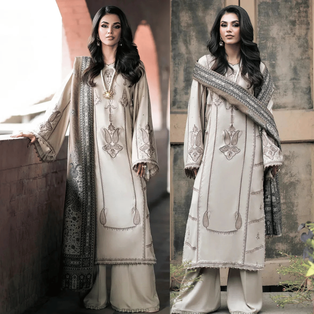 Izel Embroidered Dhanak Three Piece - zab1190