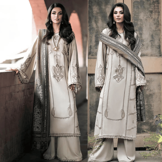 Izel Embroidered Dhanak Three Piece - zab1190