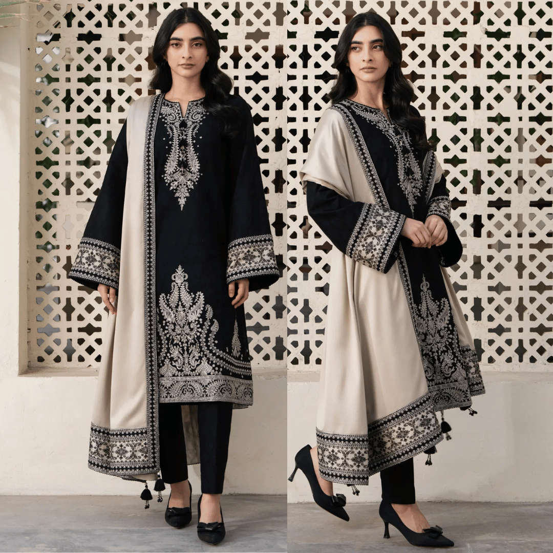 JAZMIN - 3PC DHANAK EMBROIDERED SHIRT WITH DHANAK EMBROIDERED SHAWL AND TROUSER - zab1202