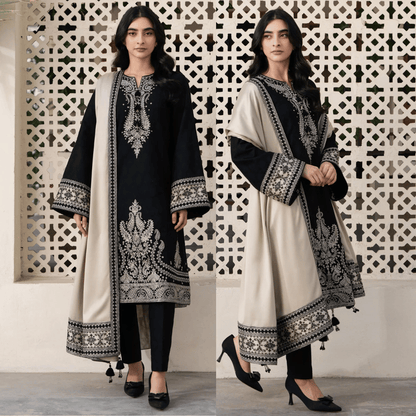 JAZMIN - 3PC DHANAK EMBROIDERED SHIRT WITH DHANAK EMBROIDERED SHAWL AND TROUSER - zab1202