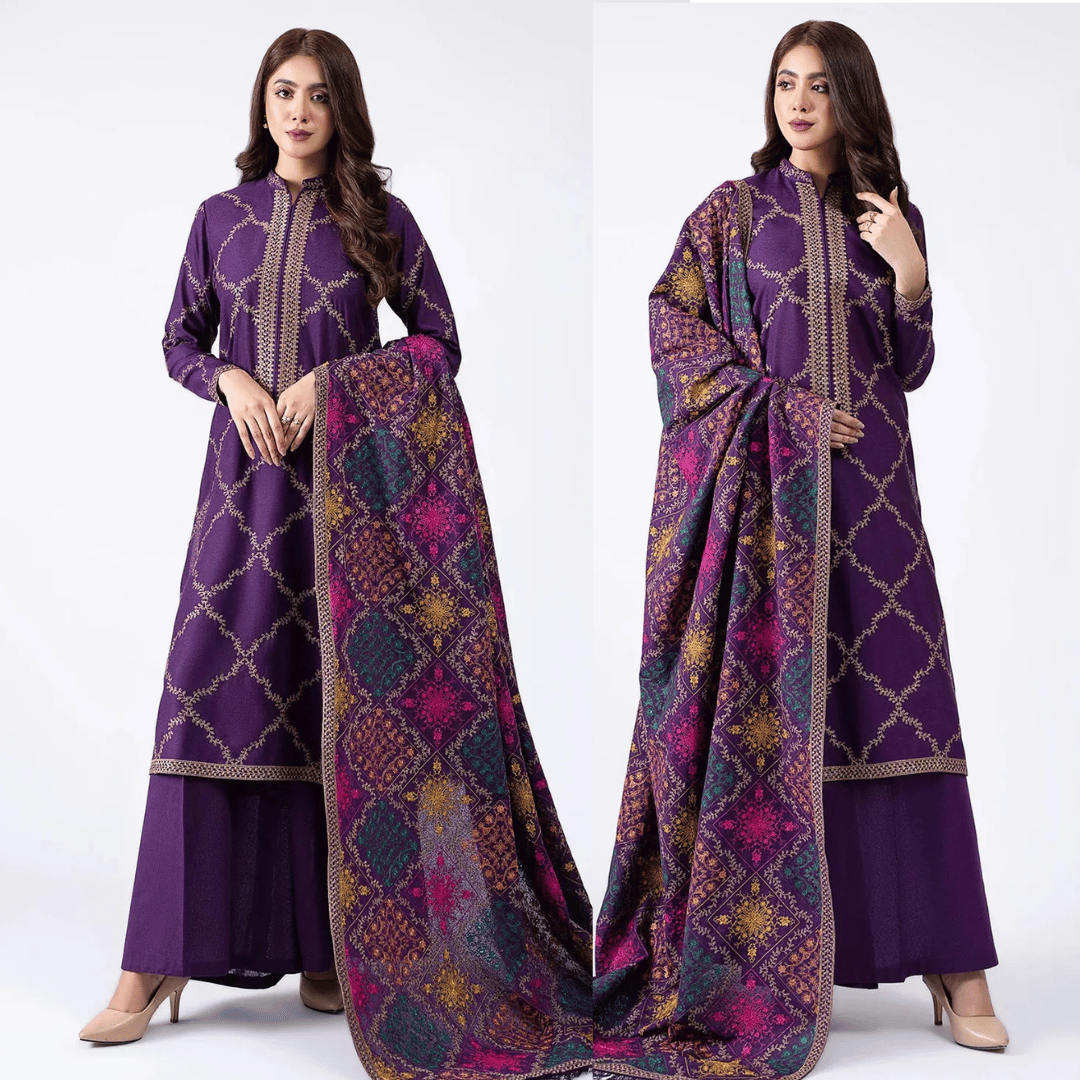 Kaseriya - Embroidered Dhanak Three Piece Winter Collection - zab1219