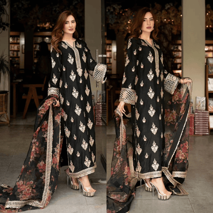 Mushq - 3PC Dhanak ChickenKari Embroidered Suit - zab1220
