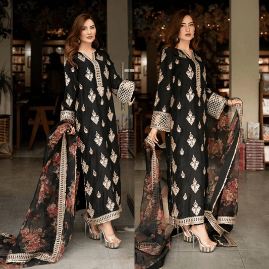 Mushq - 3PC Dhanak ChickenKari Embroidered Suit - zab1220