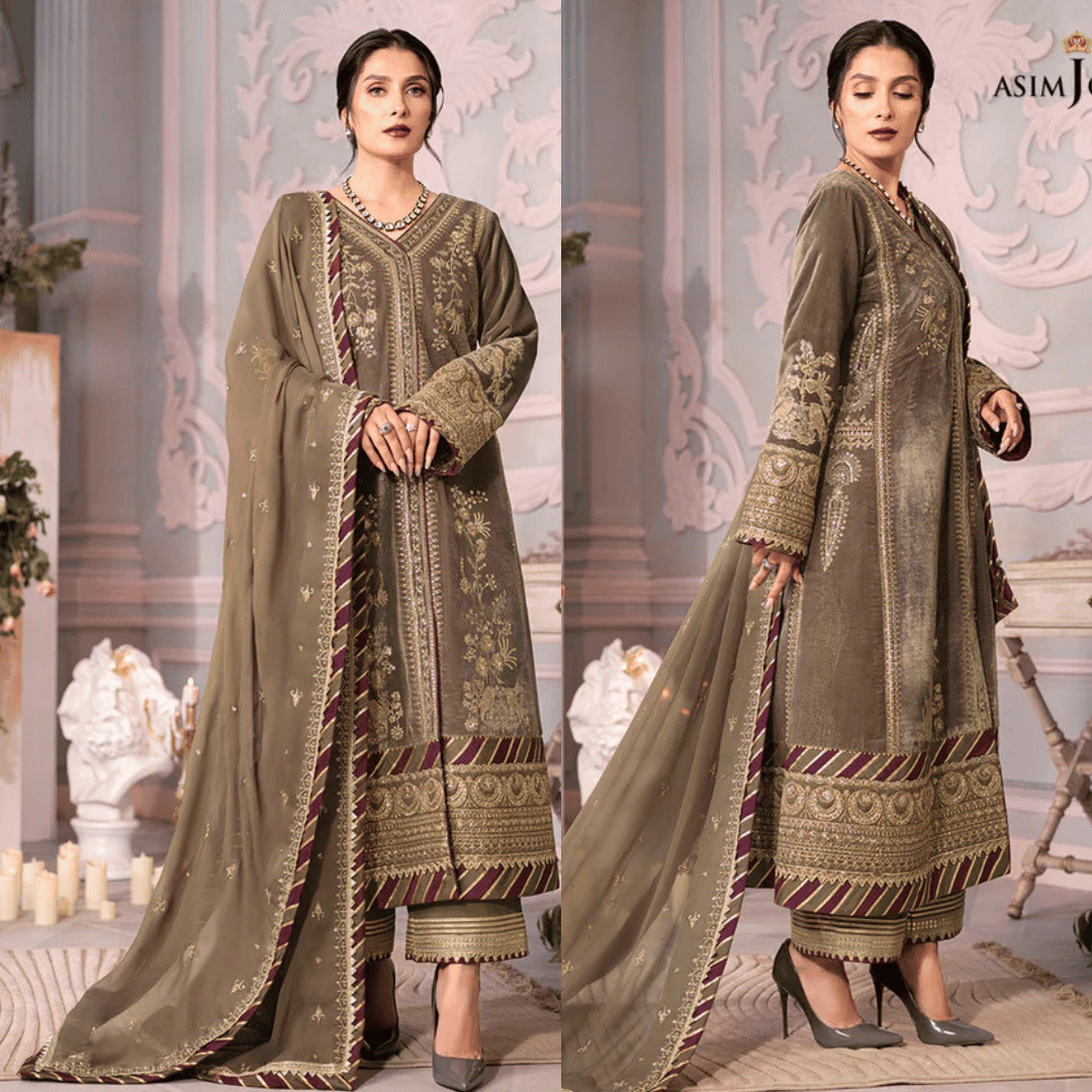 Asim Jofa - Velvet Dress with Pure Chiffon Embroidered Dupatta - zab993