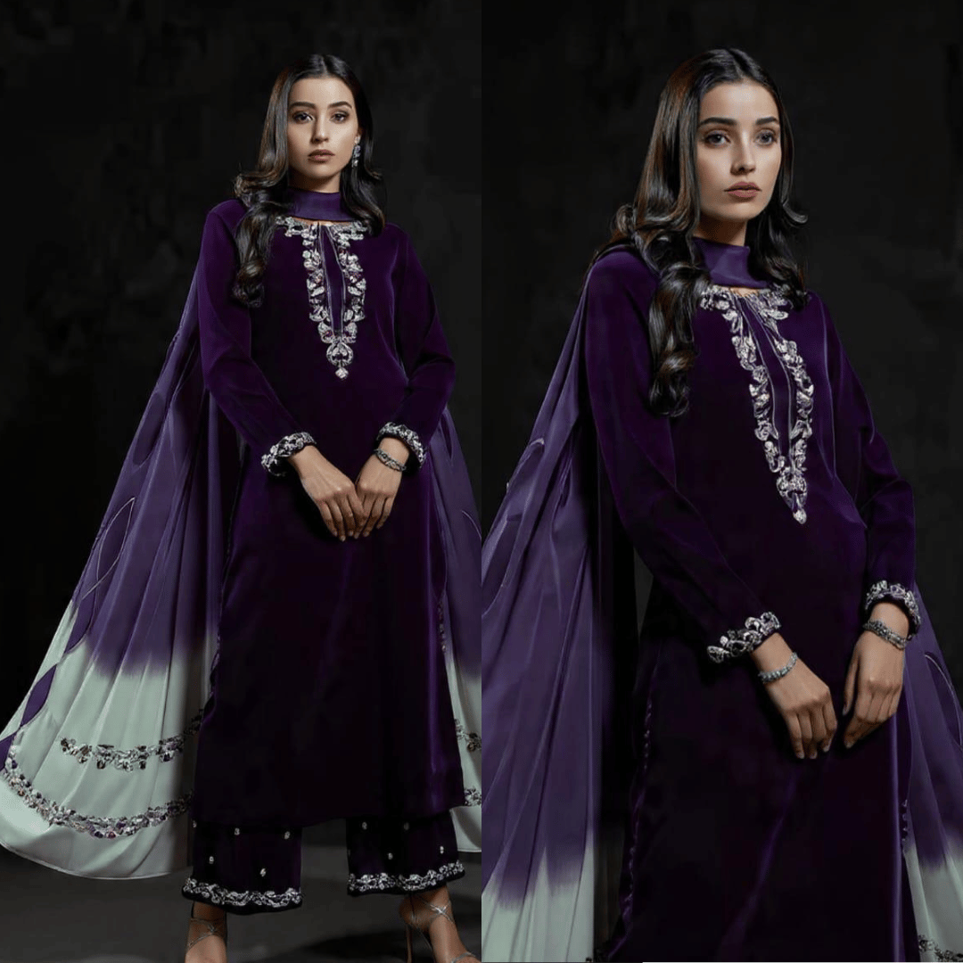 Veezal Embroidered Velvet Dress with Embroidered Karandi Shawl - zab994
