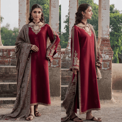 IZEL- DHANAK EMBROIDERED SHIRT WITH WOOL PRINT SHAWL - zab1231