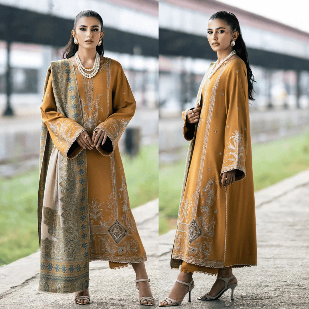 IZEL- DHANAK EMBROIDERED SHIRT WITH COUTRAI PRINT SHAWL - zab1241