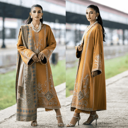IZEL- DHANAK EMBROIDERED SHIRT WITH COUTRAI PRINT SHAWL - zab1241