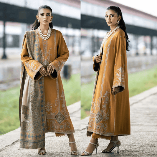 IZEL- DHANAK EMBROIDERED SHIRT WITH COUTRAI PRINT SHAWL - zab1241